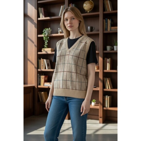 Vintage Le Tigre Sweater Vest MED Tan Plaid Knit Preppy Retro Preppy Academia - Picture 1 of 5